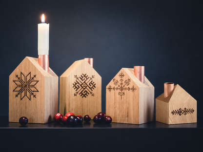 Oak house candle holders with Latvian symbols