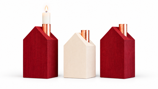 Red-white-red house candle holder set