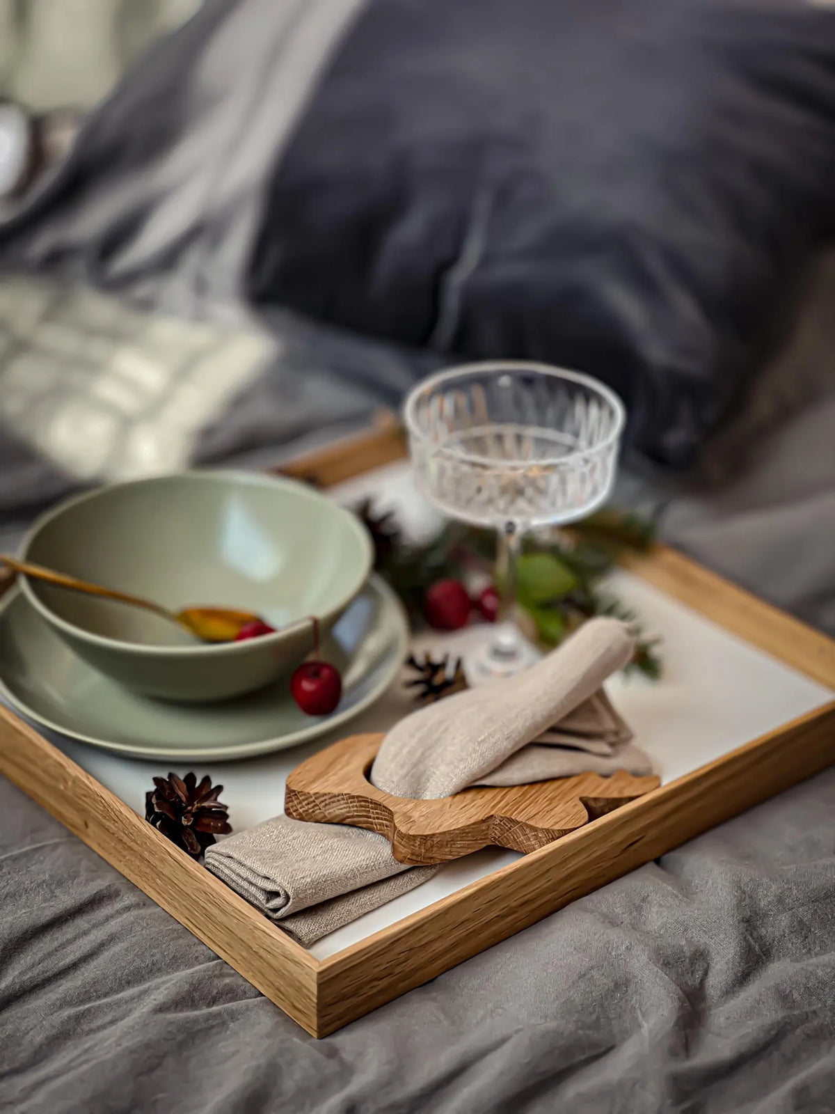 Oak Wood Serving Tray with White Base